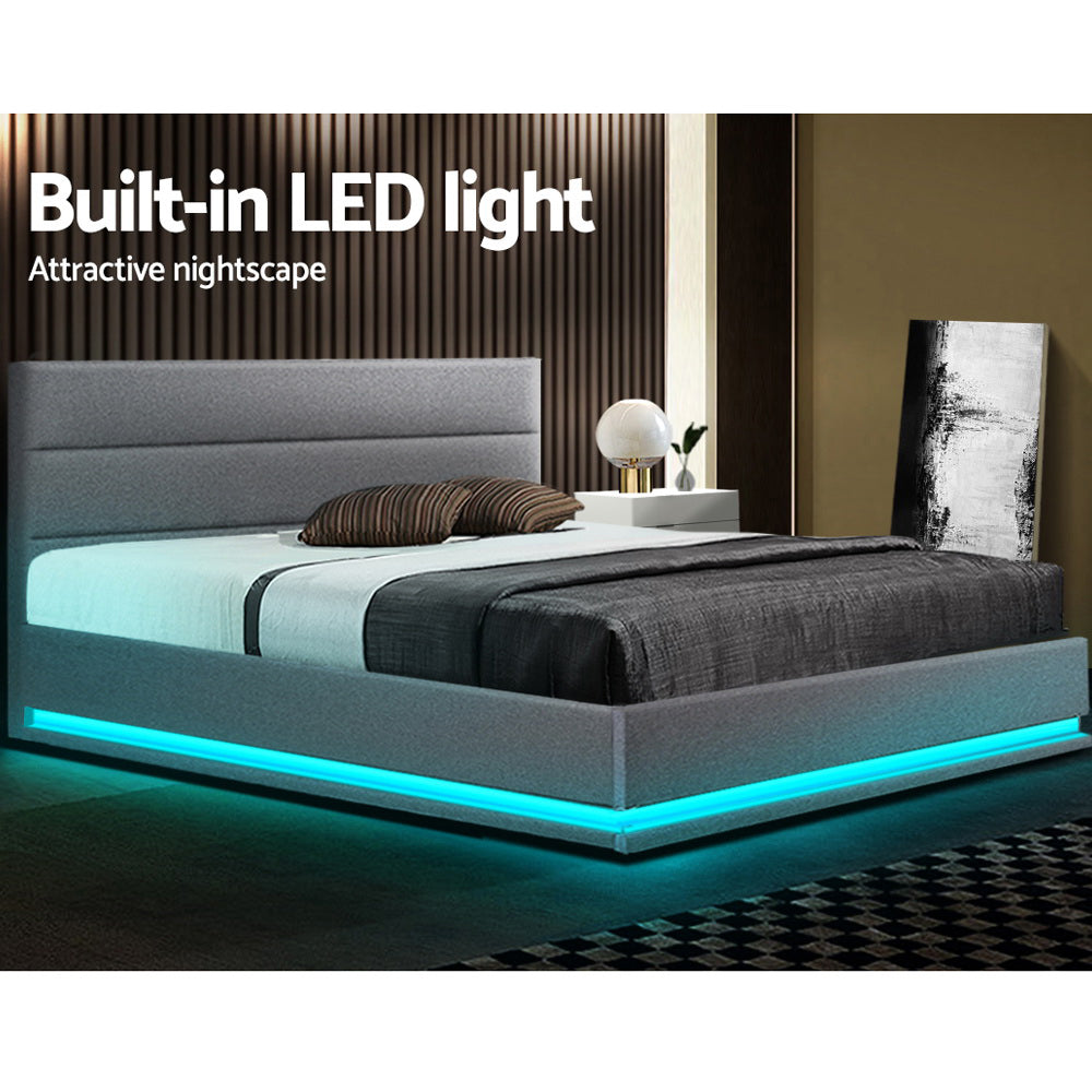Artiss Bed Frame Queen Size LED Gas Lift Grey LUMI 4
