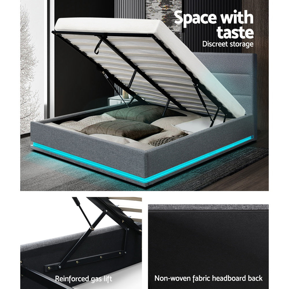 Artiss Bed Frame Queen Size LED Gas Lift Grey LUMI 6