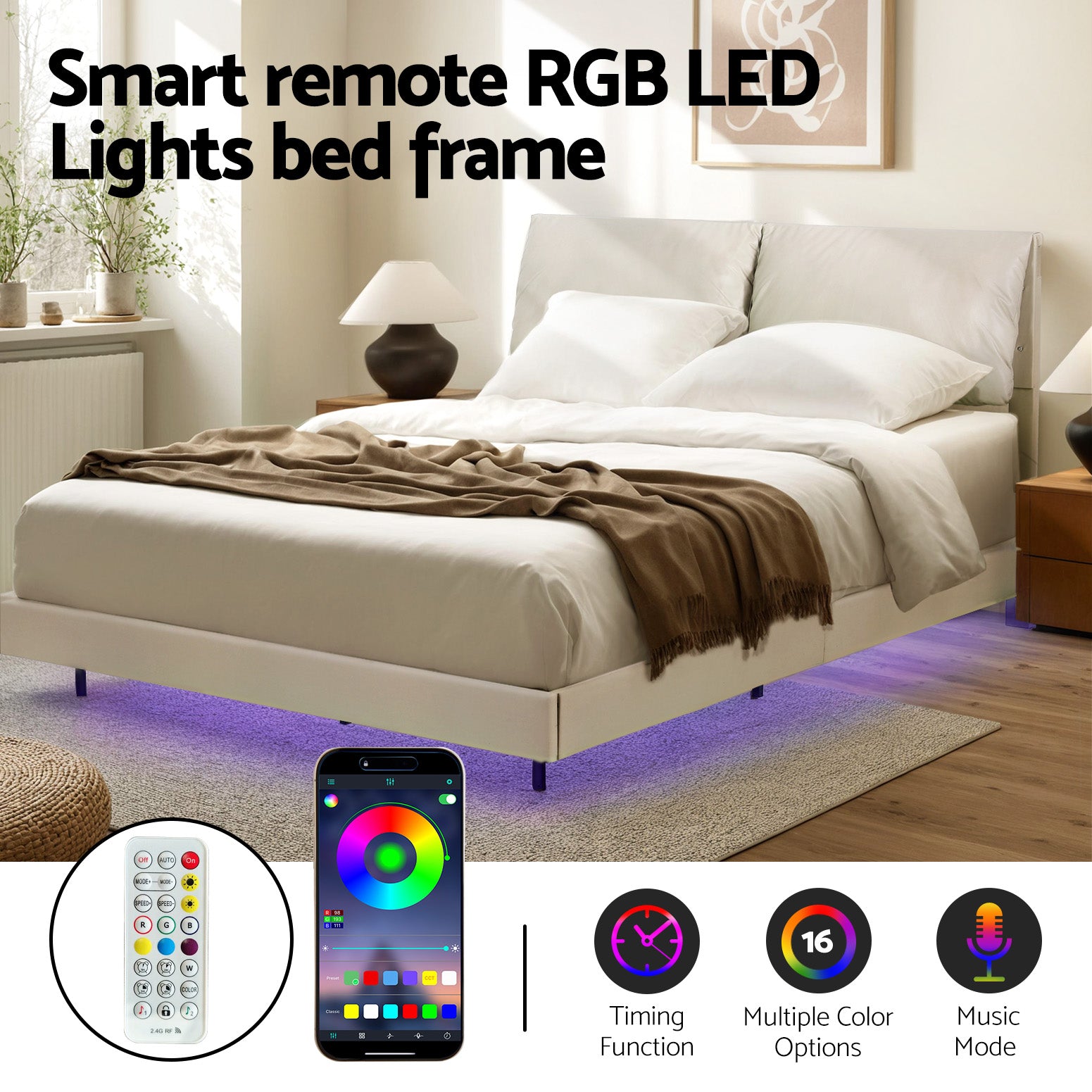 Artiss Queen Bed Frame RGB LED Floating Beds Adjustable Headboard Beige White 4
