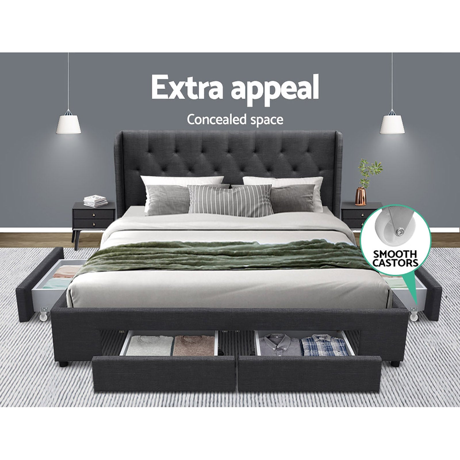 Artiss Bed Frame King Size with 4 Drawers Charcoal MILA 4