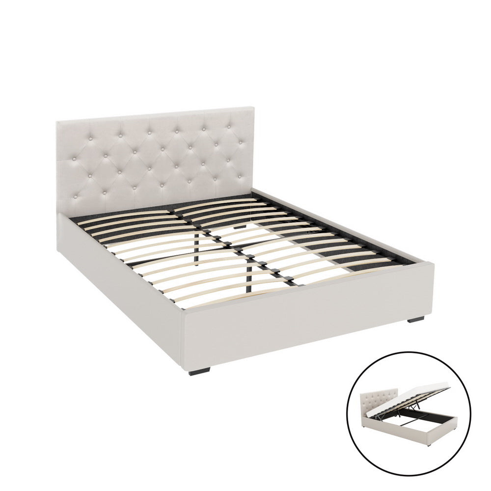 Artiss Bed Frame Double Size Gas Lift Beige VILA 7