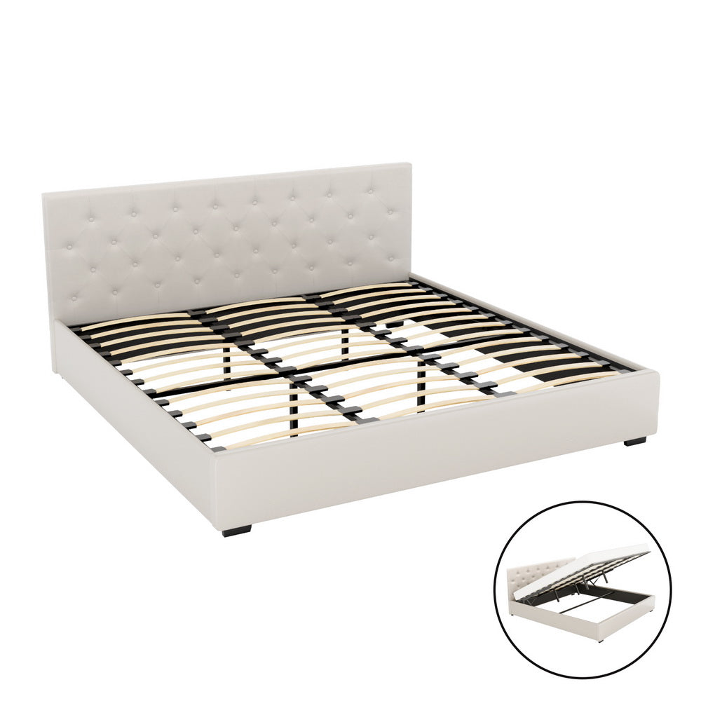 Artiss Bed Frame King Size Gas Lift Beige VILA 7