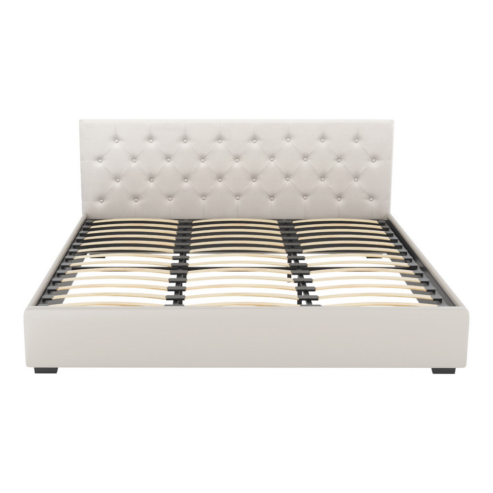 Artiss Bed Frame King Size Gas Lift Beige VILA 3