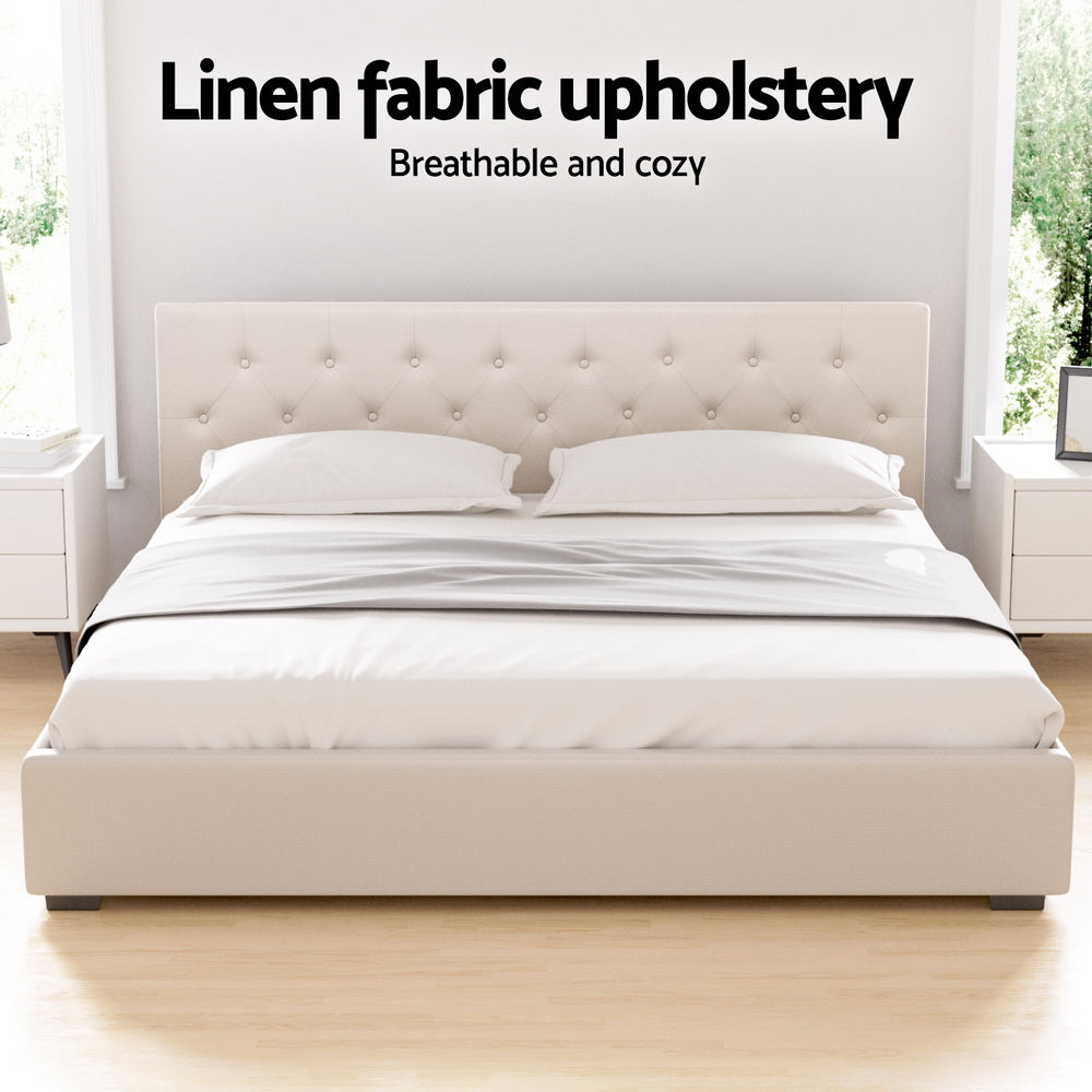 Artiss Bed Frame King Size Gas Lift Beige VILA 5