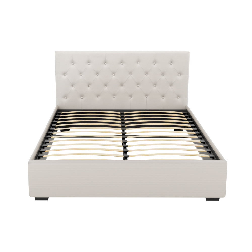 Artiss Bed Frame Queen Size Gas Lift Beige VILA 3