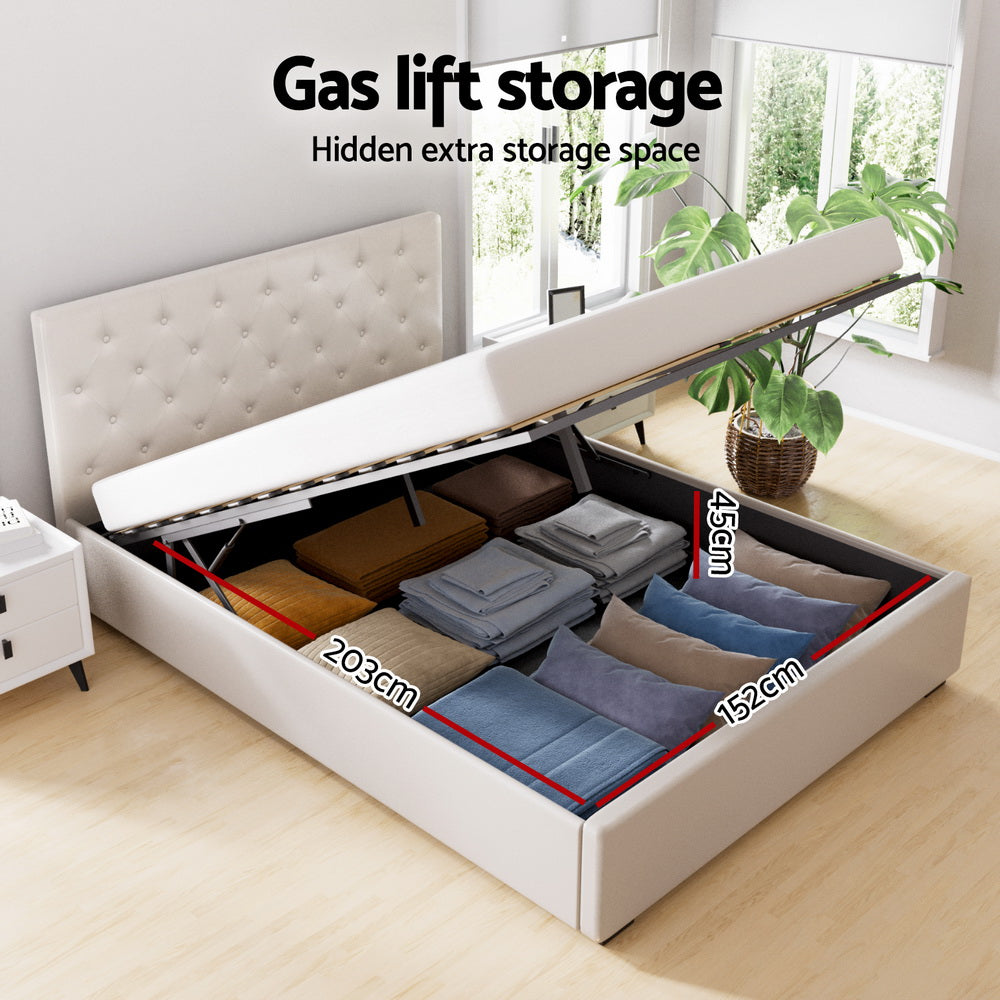 Artiss Bed Frame Queen Size Gas Lift Beige VILA 4