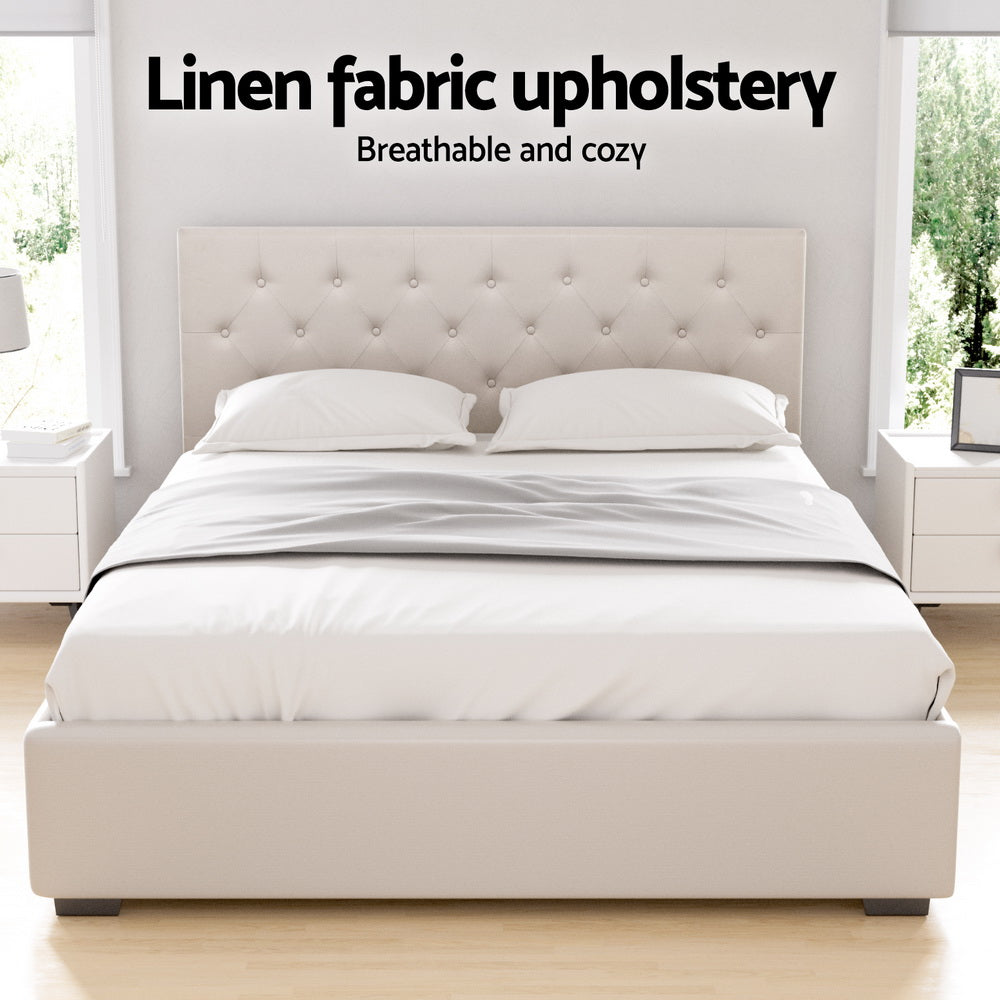 Artiss Bed Frame Queen Size Gas Lift Beige VILA 5