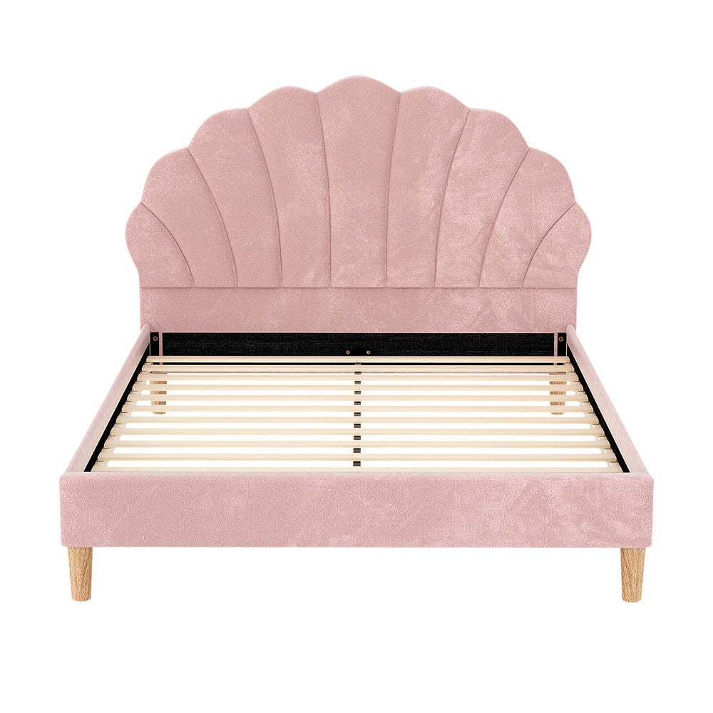 Artiss Bed Frame Double Size Scallop-Shape Bedhead Beds Base Pink Velvet Fabric 3
