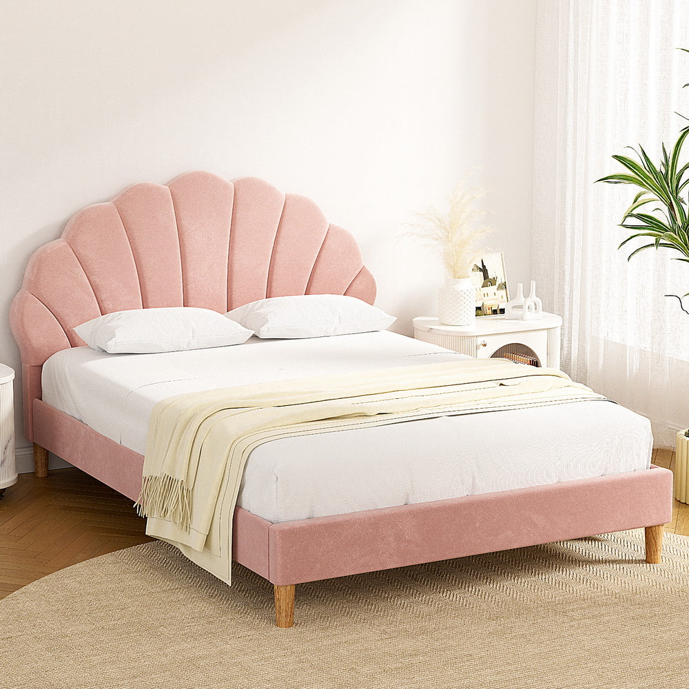 Artiss Bed Frame Double Size Scallop-Shape Bedhead Beds Base Pink Velvet Fabric 7