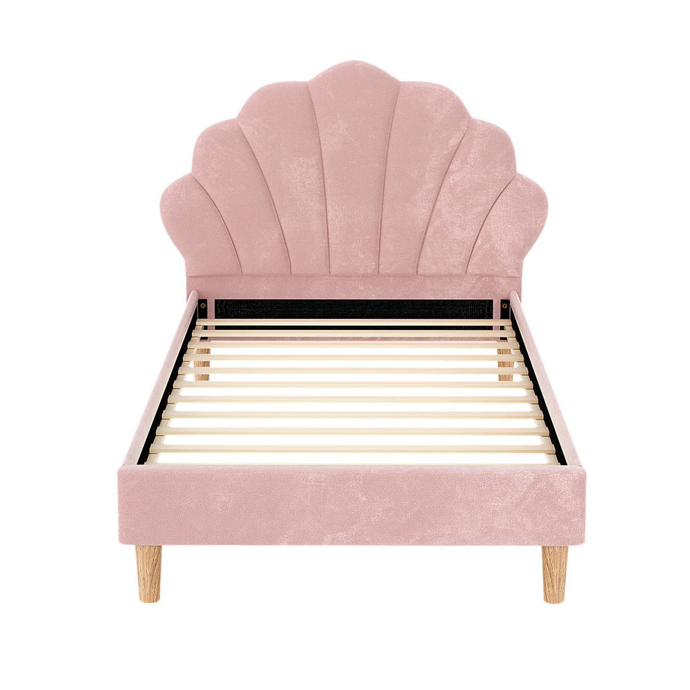 Artiss Bed Frame King Single Size Scallop-Shape Bedhead Beds Base Pink Velvet Fabric 3