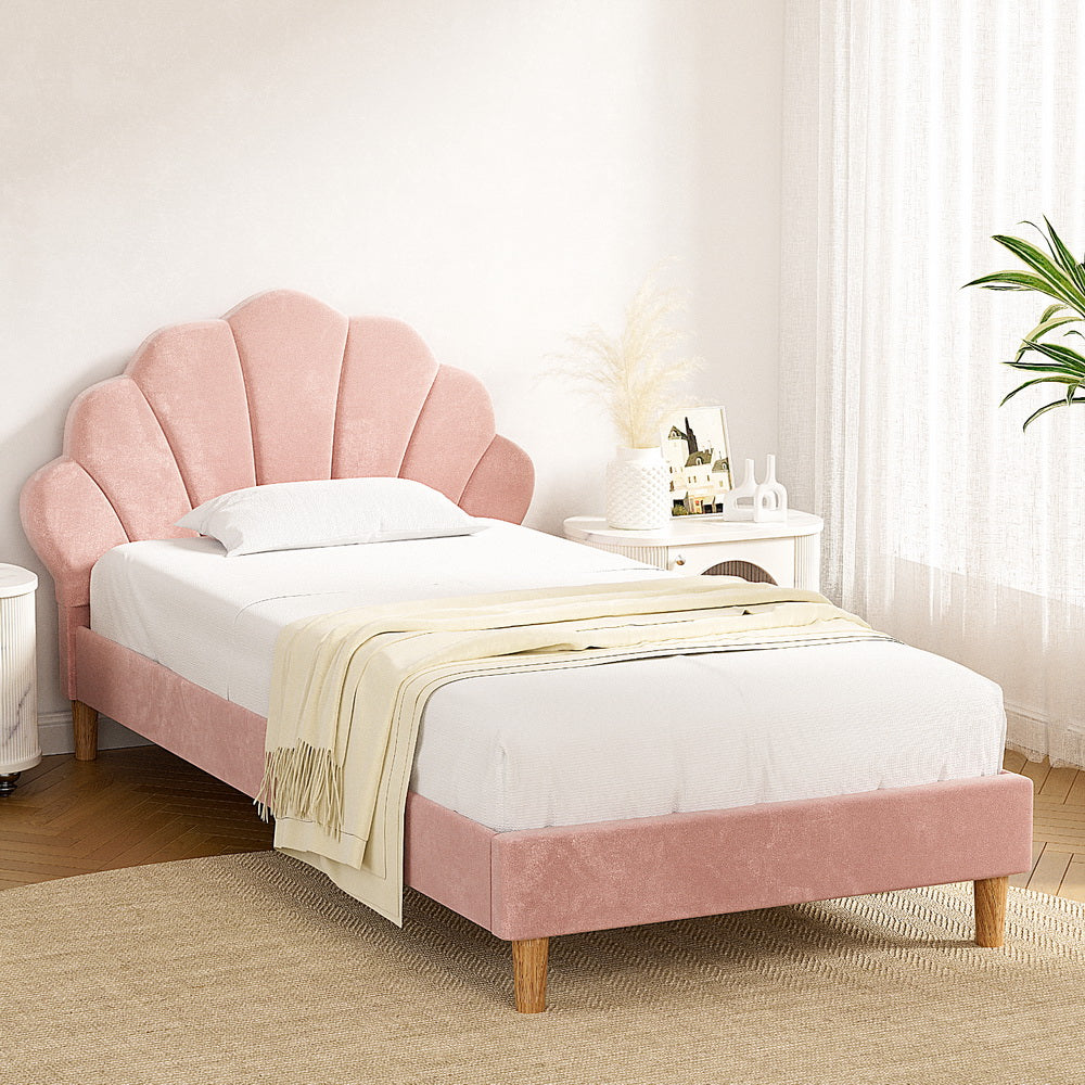 Artiss Bed Frame King Single Size Scallop-Shape Bedhead Beds Base Pink Velvet Fabric 7