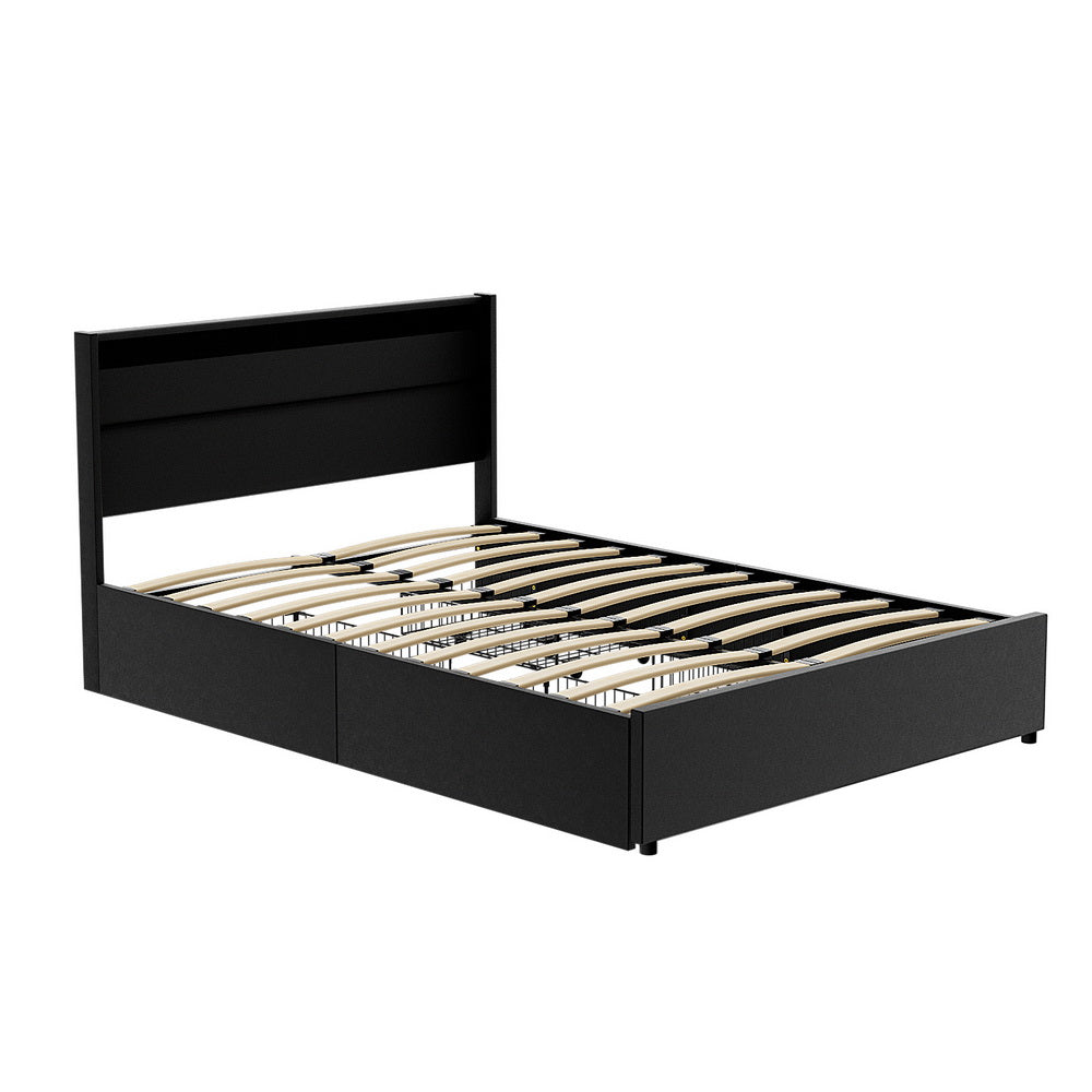 Artiss Bed Frame Double Size LED with 4 Drawers Black DUNN 7