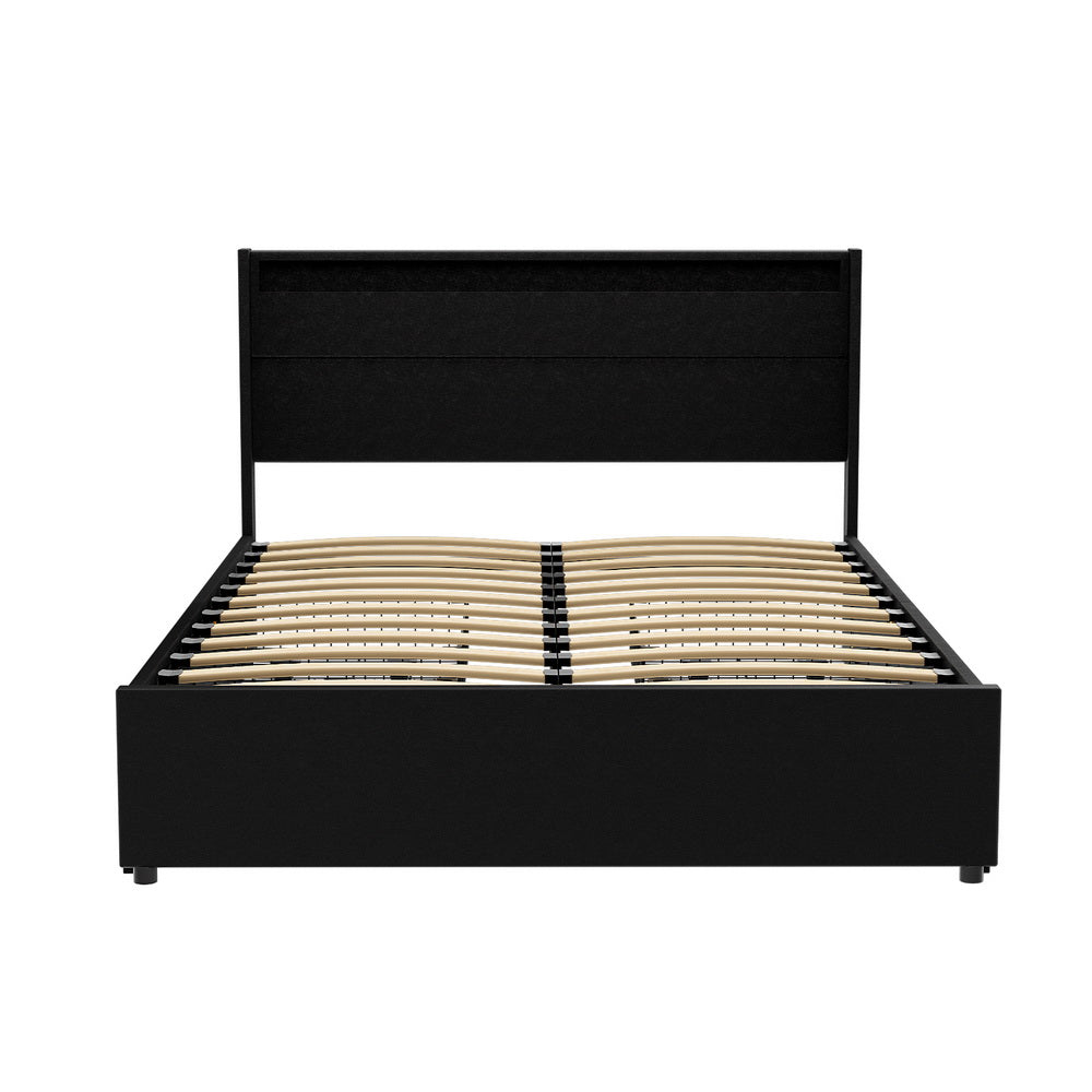 Artiss Bed Frame Double Size LED with 4 Drawers Black DUNN 3