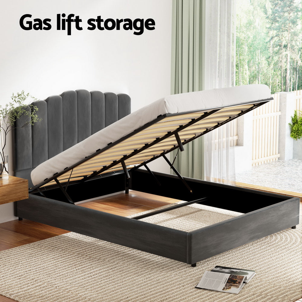 Artiss Bed Frame Double Size Velvet Grey FION 4