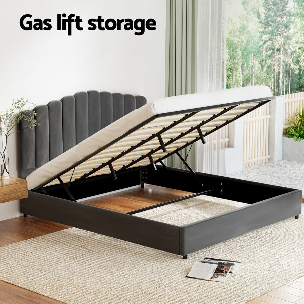 Artiss Bed Frame King Size Velvet Grey FION 4