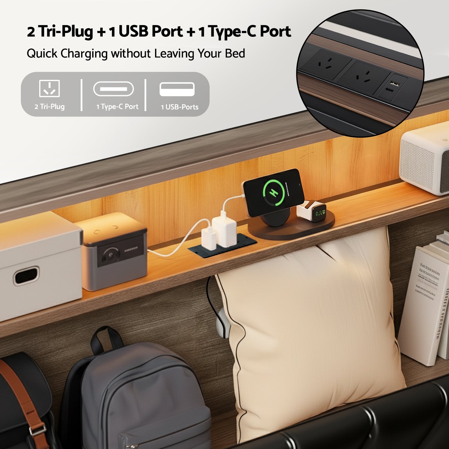 Artiss Double Bed Frame LED Storage Headboard with Charging Station Black 3