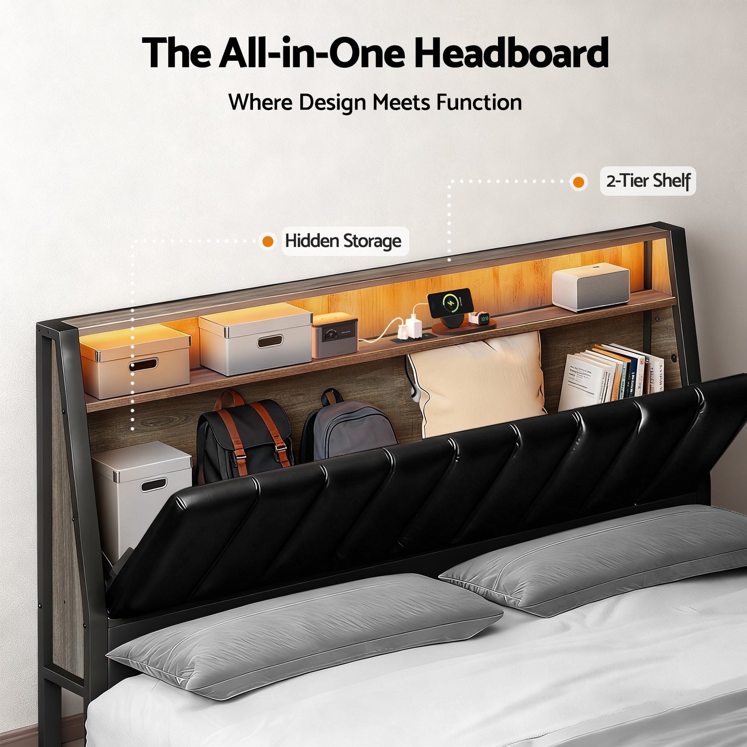 Artiss Double Bed Frame LED Storage Headboard with Charging Station Black 4