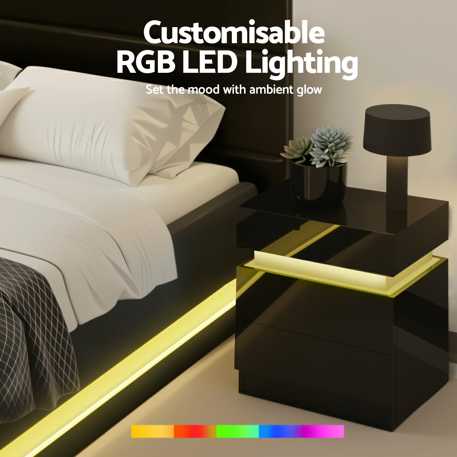 Artiss RGB LED Queen Bed Frame with 2 Beside Tables Set 16 Colour Mood Lighting 6