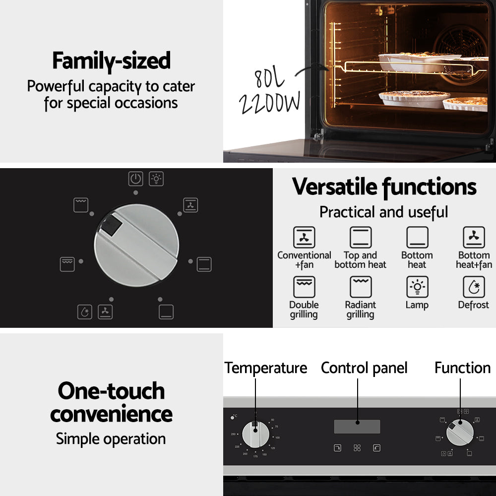 Devanti Electric Built In Wall Oven 80L Convection Grill Ovens Stainless Steel 4