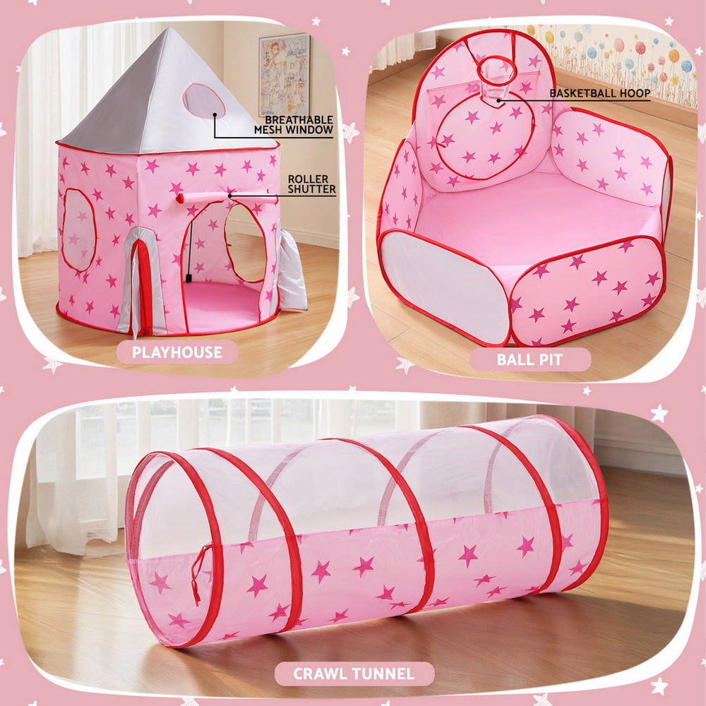 Keezi Kids Playhouse Play Tent Pop Up Castle Crawl Tunnel Basketball Hoop Pink 4