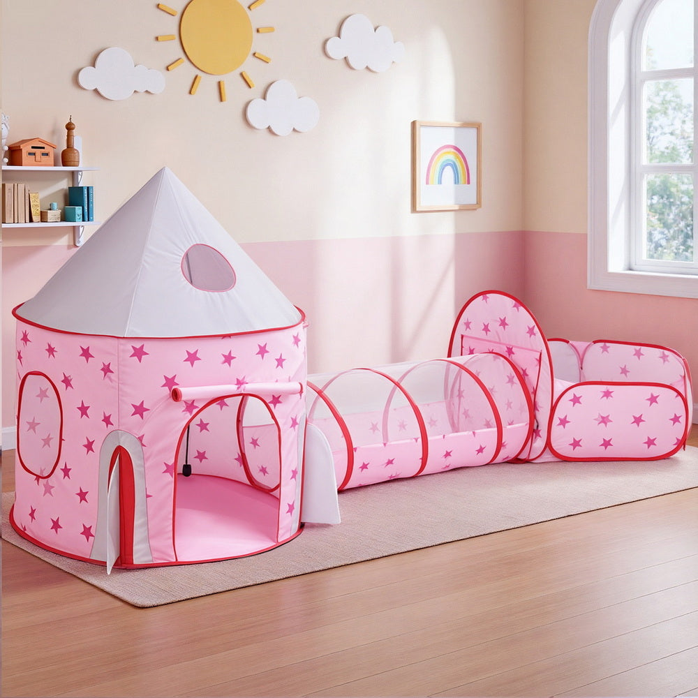 Keezi Kids Playhouse Play Tent Pop Up Castle Crawl Tunnel Basketball Hoop Pink 6