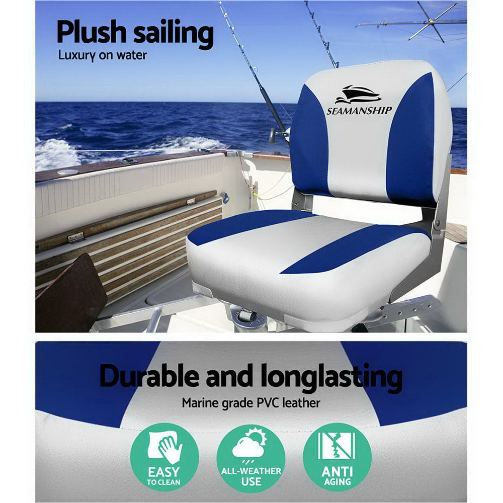 Seamanship 2X Folding Boat Seats Marine Swivel Low Back 13cm Padding Grey Blue 4