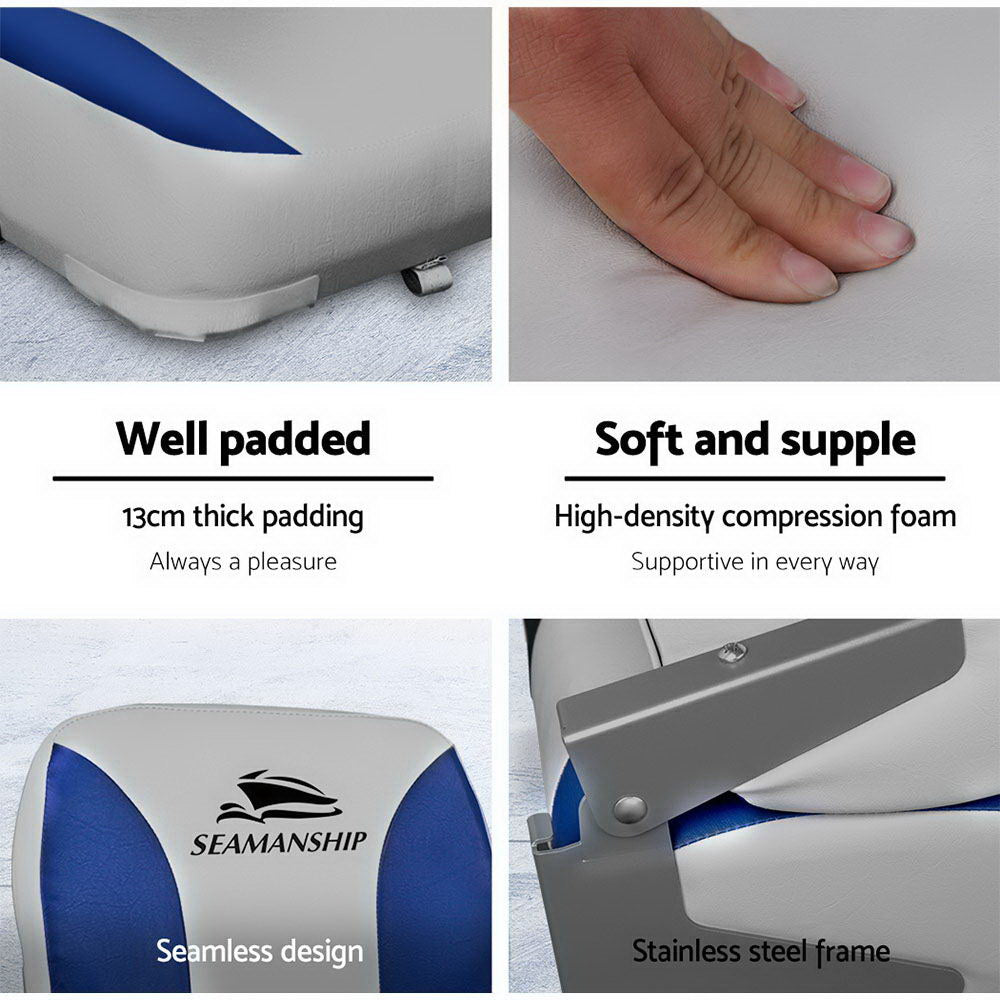 Seamanship 2X Folding Boat Seats Marine Swivel Low Back 13cm Padding Grey Blue 5
