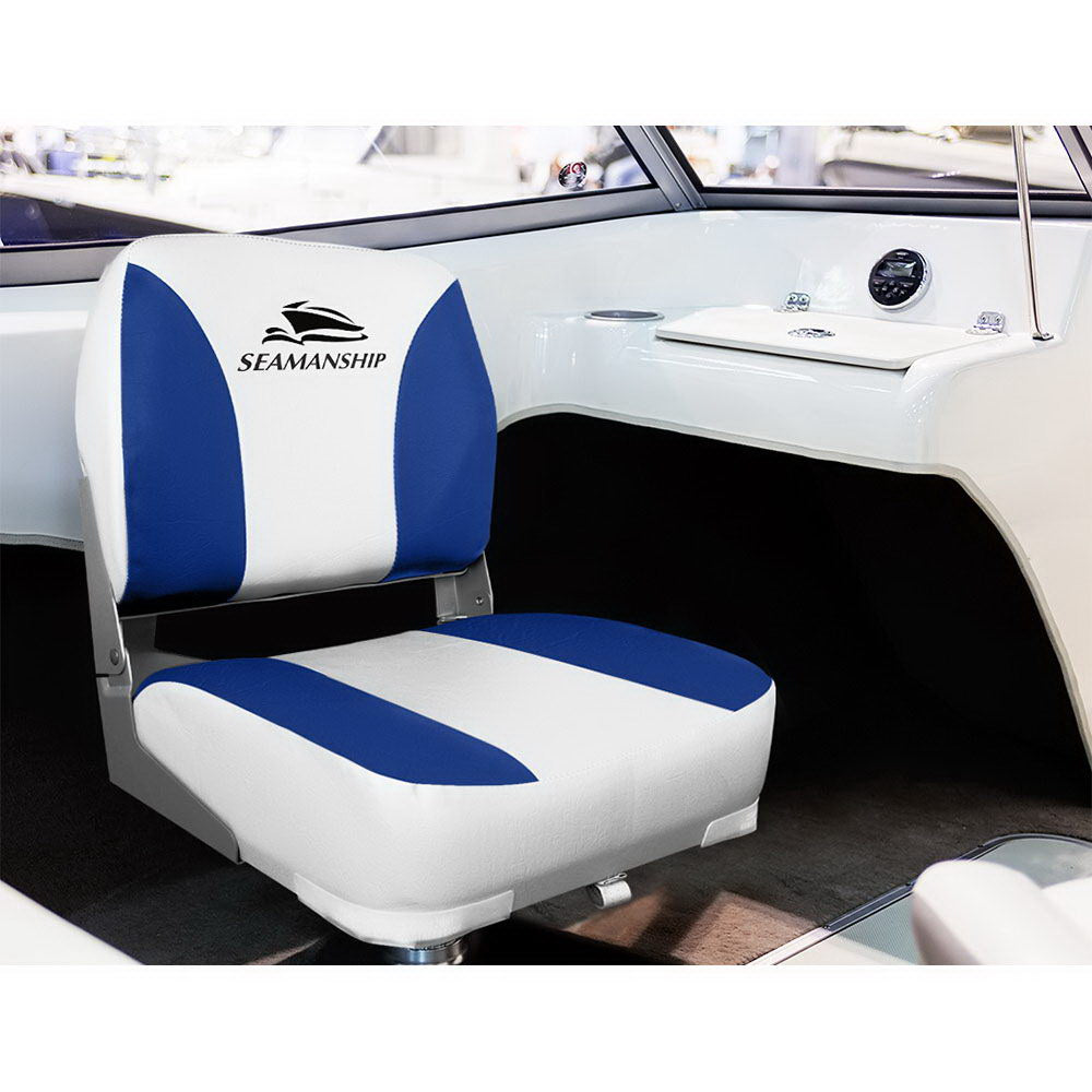 Seamanship 2X Folding Boat Seats Marine Swivel Low Back 13cm Padding White Blue 3