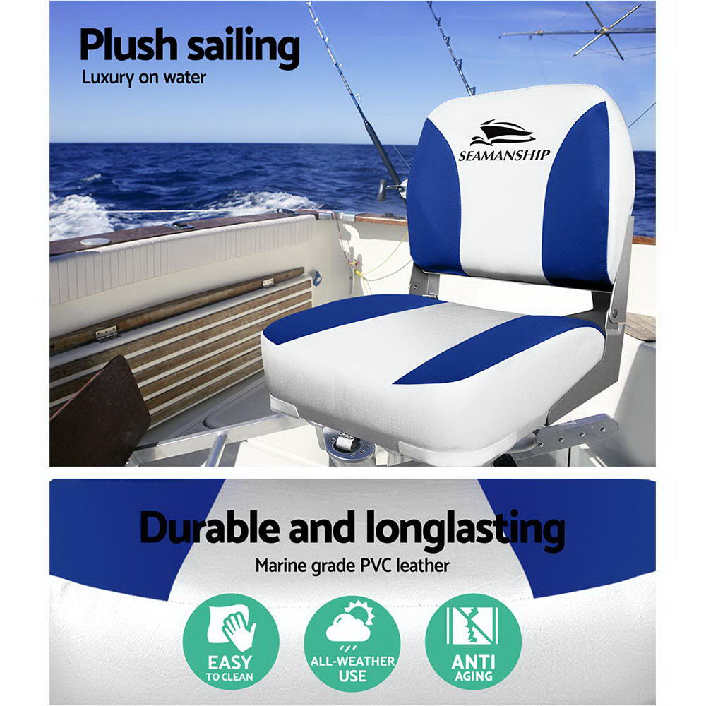 Seamanship 2X Folding Boat Seats Marine Swivel Low Back 13cm Padding White Blue 4