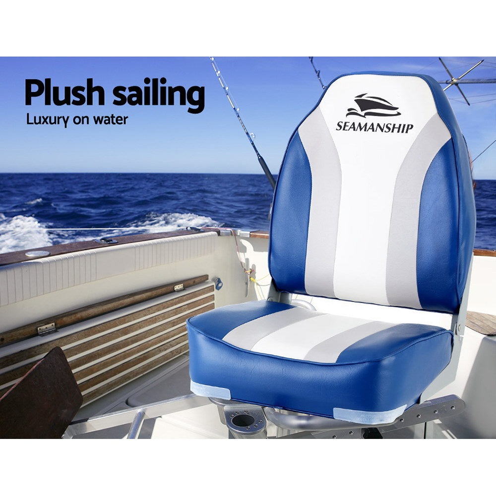 Seamanship 2X Folding Boat Seats Marine Seat Swivel High Back 12cm Padding Blue 5
