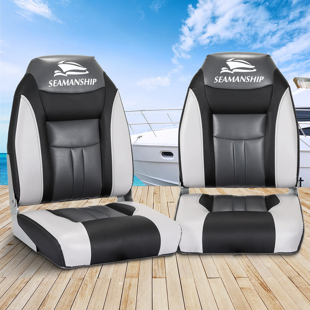 Seamanship 2X Folding Boat Seats Marine Seat Swivel High Back 12cm Padding Black 8