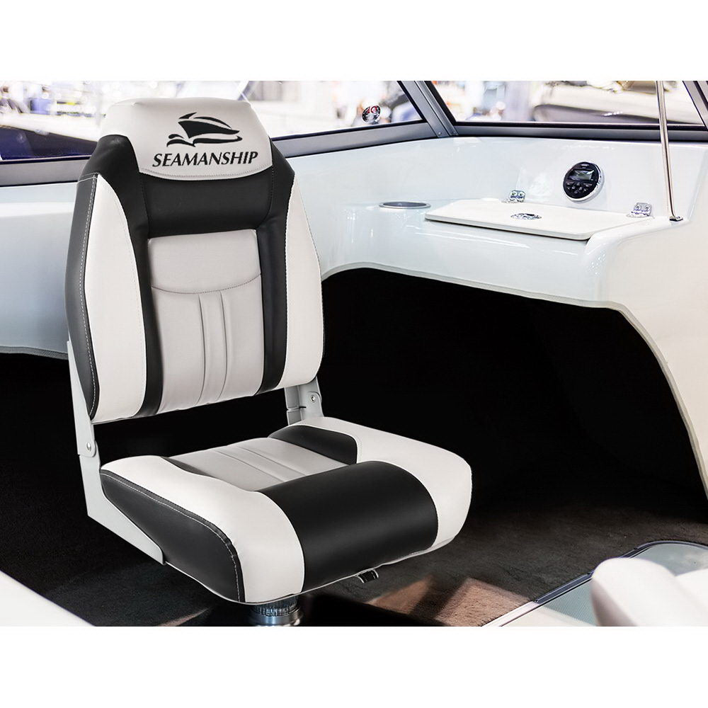 Seamanship 2X Folding Boat Seats Marine Seat Swivel High Back 12cm Padding Grey 3