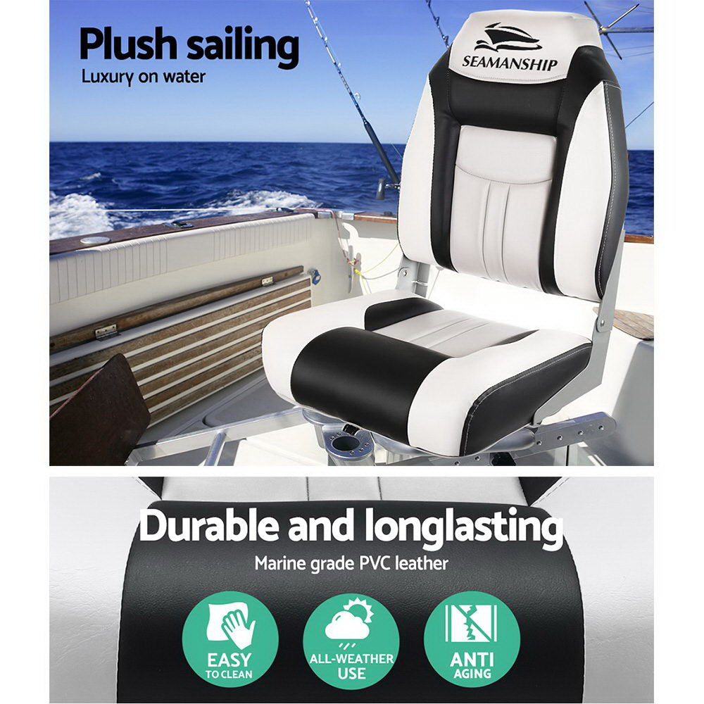 Seamanship 2X Folding Boat Seats Marine Seat Swivel High Back 12cm Padding Grey 4