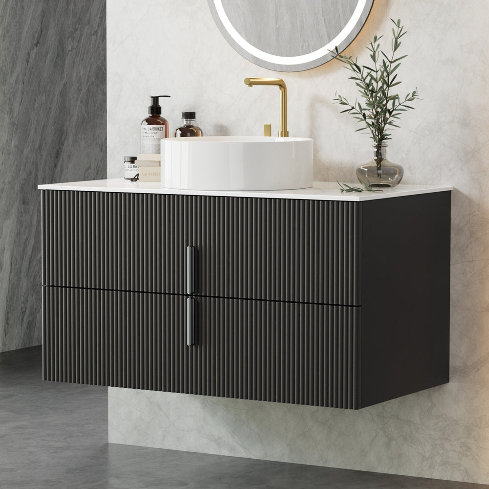 Cefito Vanity Unit 900mm Bathroom Cabinet Storage Wall Hung Black Timber Front 7