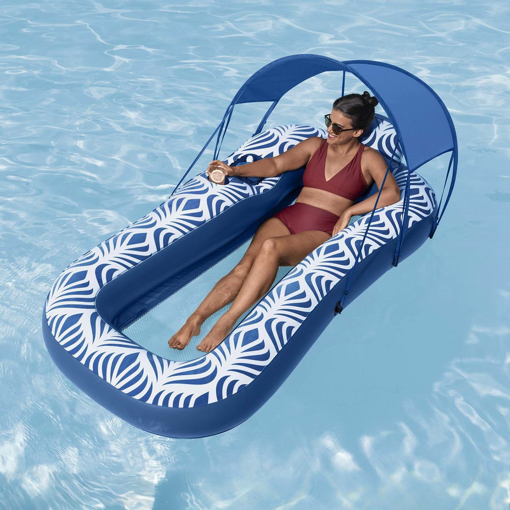 Bestway Inflatable Floating Float Lounger with Sunshade Canopy 1.98Mx1.12M Blue 7