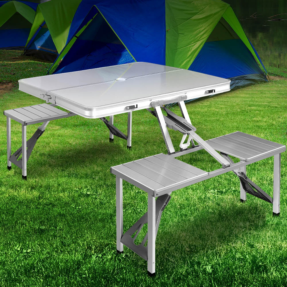 Weisshorn Folding Camping Table Outdoor Picnic BBQ With 2 Bench Chairs Set 8