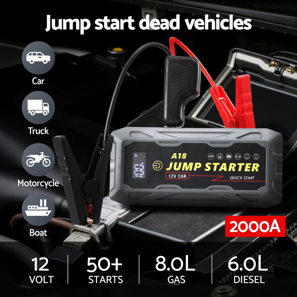 Giantz 2000A Portable Car Jump Starter 12V Lithium Battery Booster Pack Power Bank & Jumper Cables 4