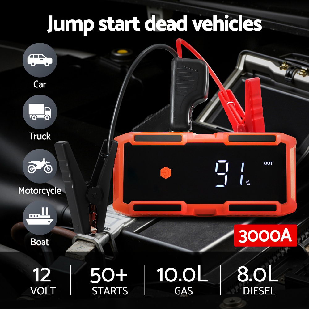Giantz 3000A Portable Car Jump Starter 12V Lithium Battery Booster Pack Power Bank & Jumper Cables 4