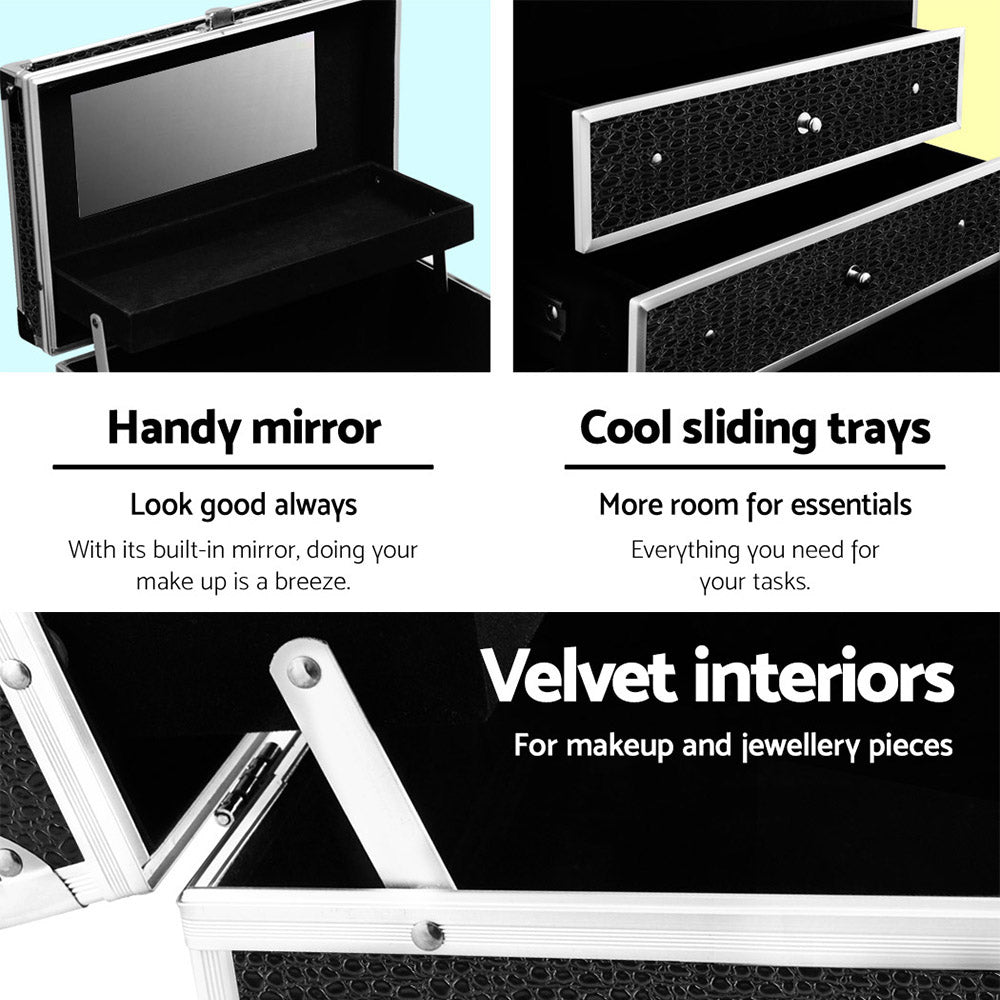 Embellir Portable Cosmetic Beauty Makeup Carry Case with Mirror - Crocodile Black 4