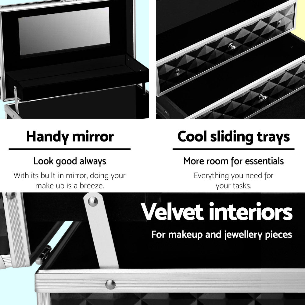 Embellir Portable Cosmetic Beauty Makeup Carry Case with Mirror - Diamond Black 4