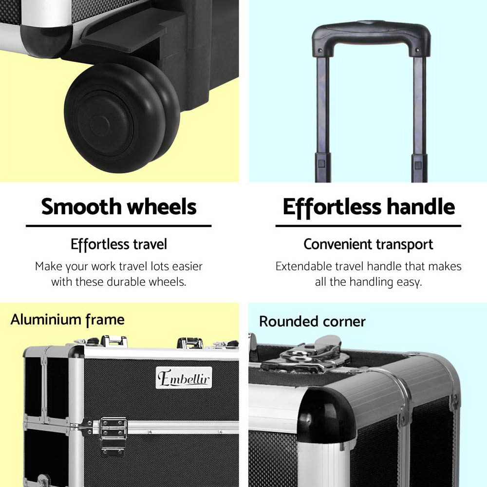 Embellir Makeup Case Beauty Trolley Cosmetic Organiser Box Travel Wheels Black 6