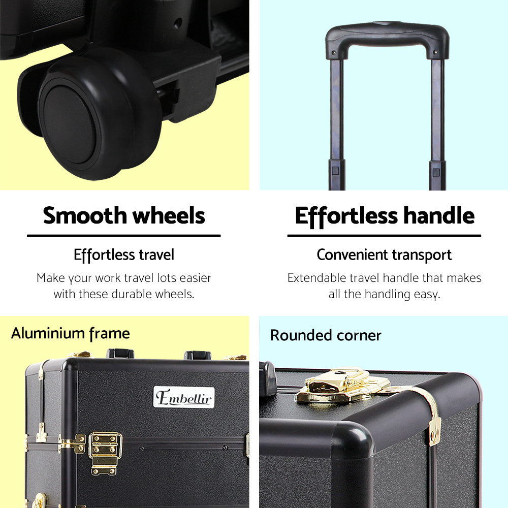 Embellir Makeup Case Beauty Trolley Cosmetic Organiser Box Travel Wheels Gold 6