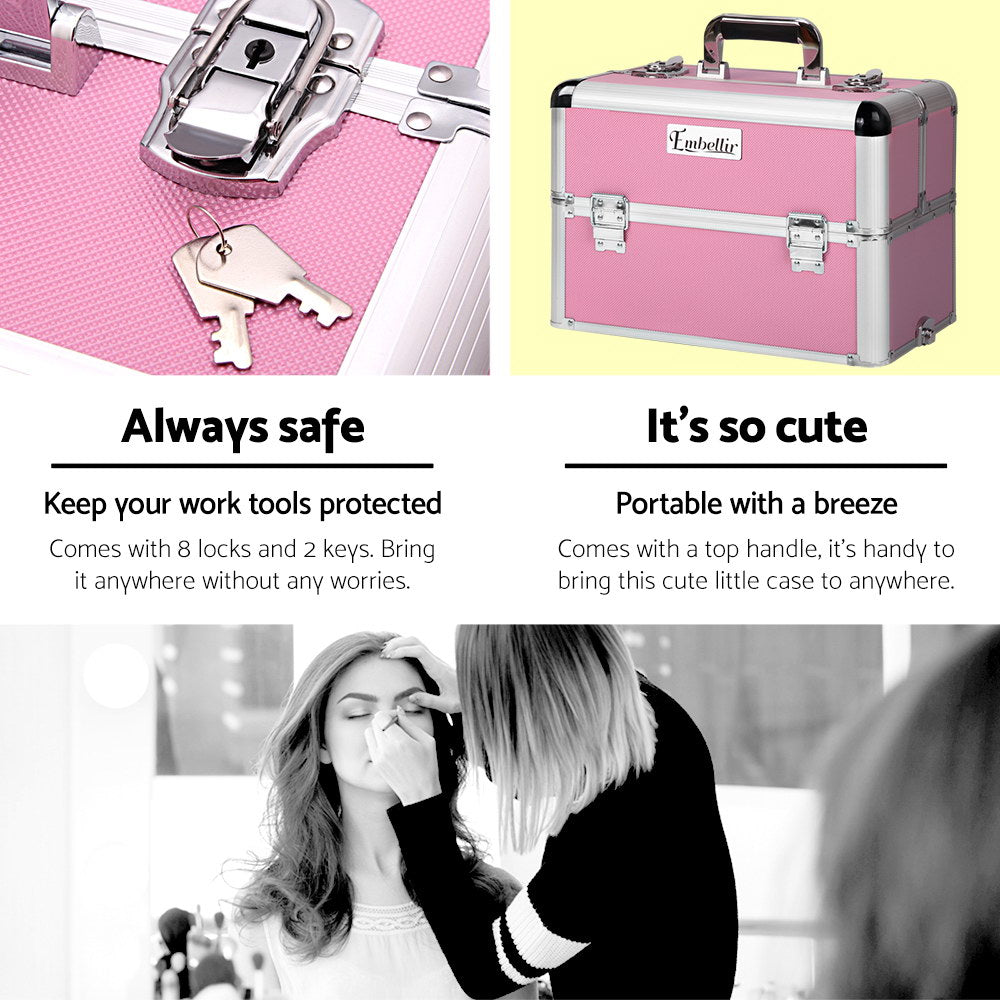 Embellir Makeup Case Beauty Trolley Cosmetic Organiser Box Travel Wheels Pink 4