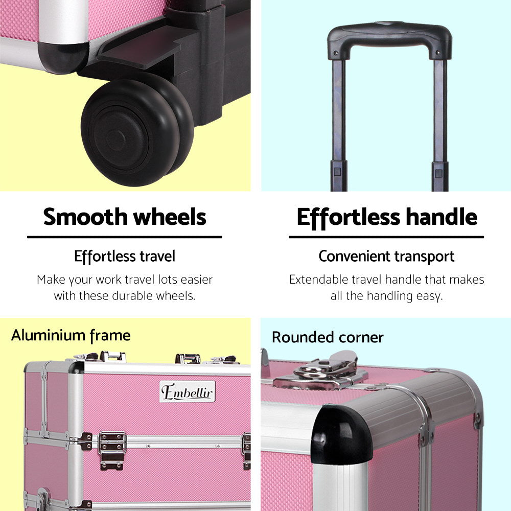 Embellir Makeup Case Beauty Trolley Cosmetic Organiser Box Travel Wheels Pink 6