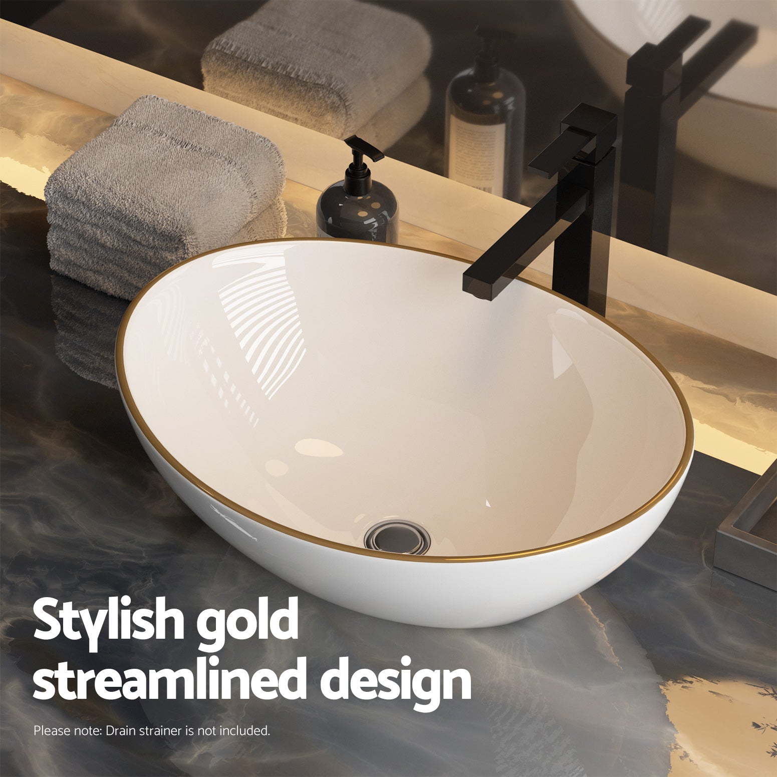 Cefito Bathroom Basin Ceramic Vanity Sink Hand Wash Bowl Gold Line 41x34cm 4