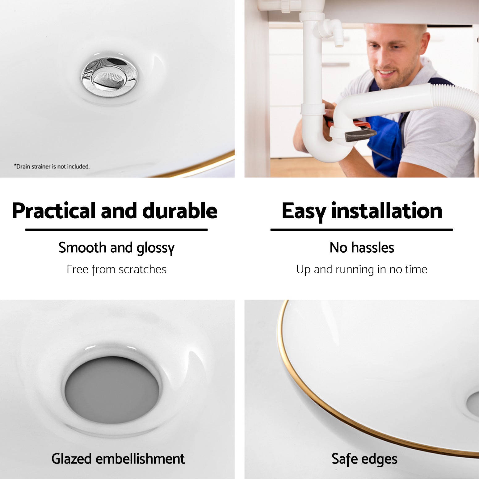 Cefito Bathroom Basin Ceramic Vanity Sink Hand Wash Bowl Gold Line 41x34cm 6