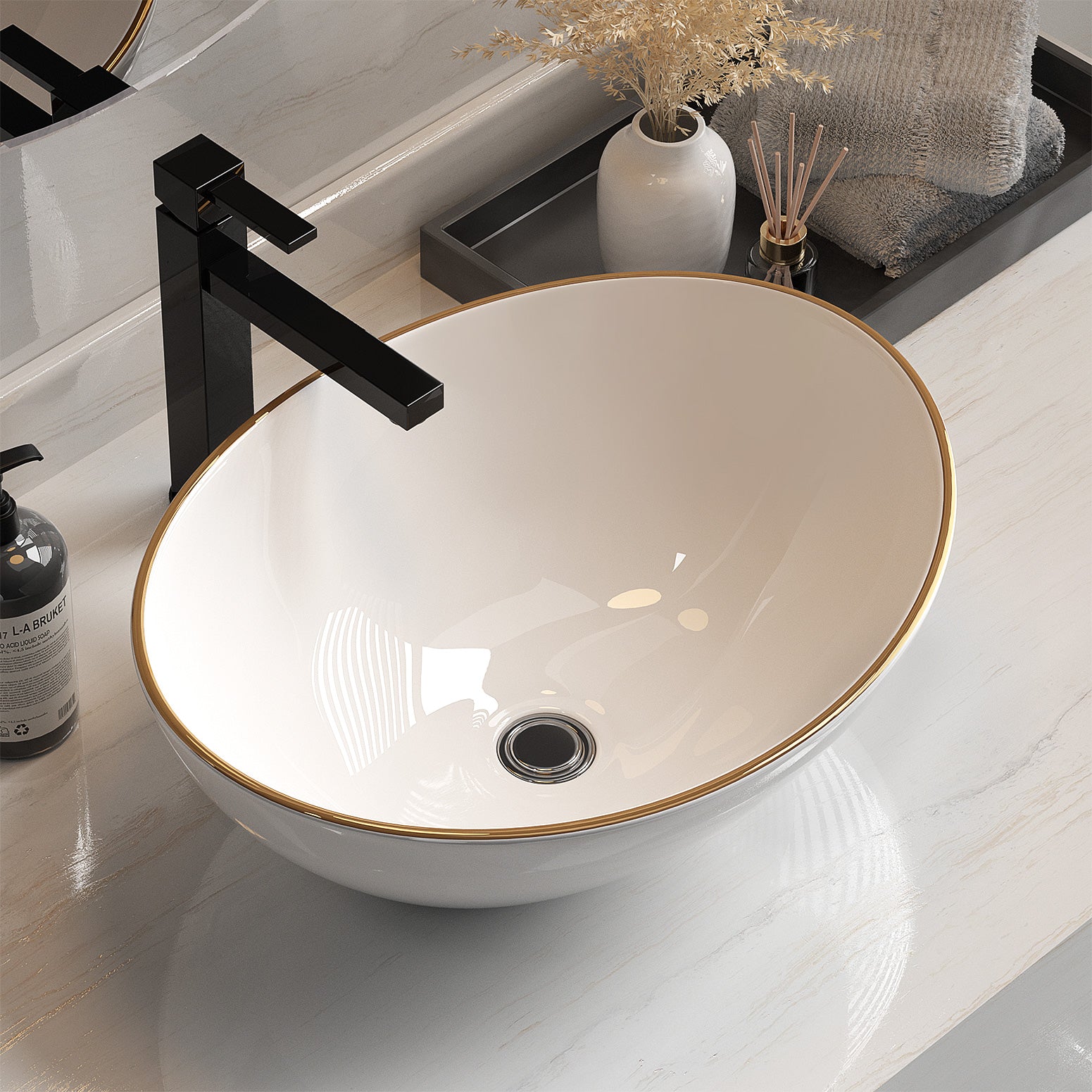 Cefito Bathroom Basin Ceramic Vanity Sink Hand Wash Bowl Gold Line 41x34cm 7