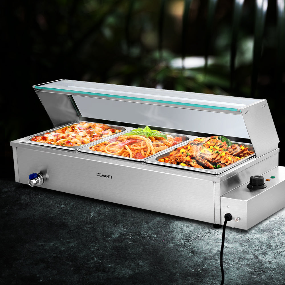 Devanti Commercial Food Warmer Bain Marie 3 Electric Buffet Pans 6