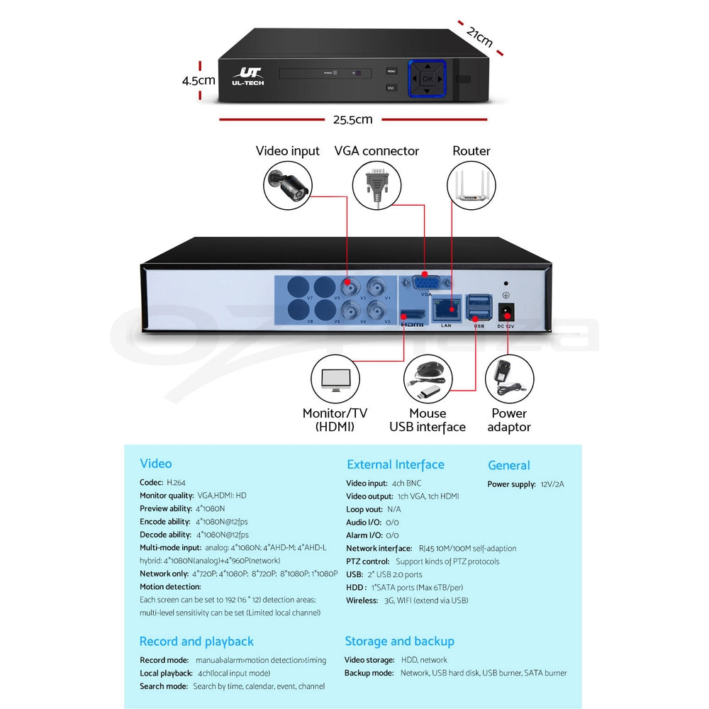 UL-tech CCTV Security System 4CH DVR 4 Cameras 4TB Hard Drive 5