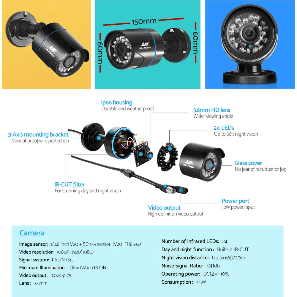 UL-tech CCTV Security System 8CH DVR 8 Cameras 4TB Hard Drive 6